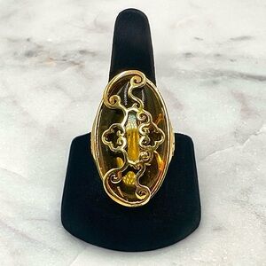 IMAN Designer Retired Gold Plated Large Orange Stone Statement Cocktail Ring 7.5